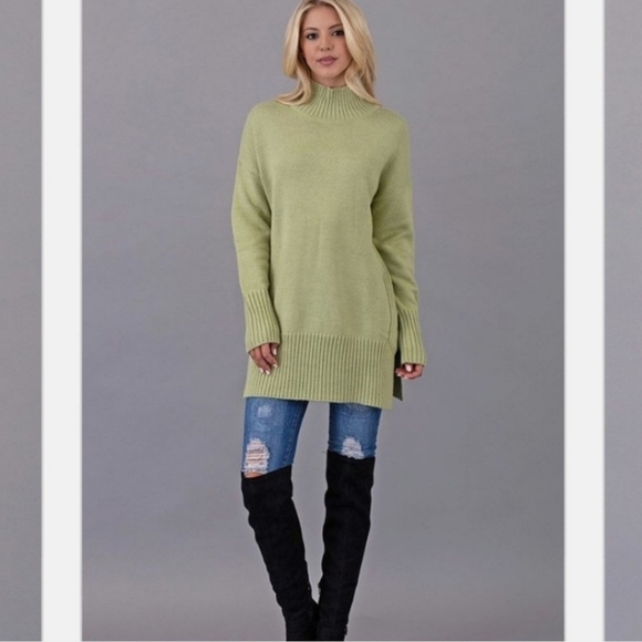 NEW Elysia Meadow Green Sweater Tunic Long Tall Thick Knit Turtleneck Spring - Picture 1 of 16